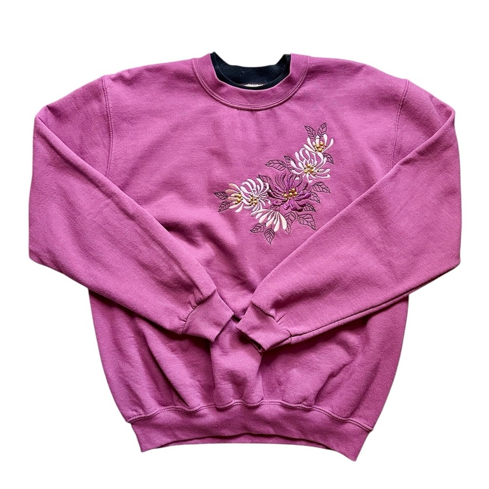Vintage Top Stitch by Morning Sun Purple Embroidered Floral Sweatshirt Size M